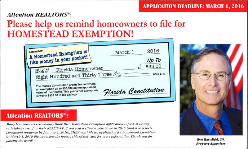 Deadline to apply for Homestead Exemption March 1, 2016 – Mike Ferrie